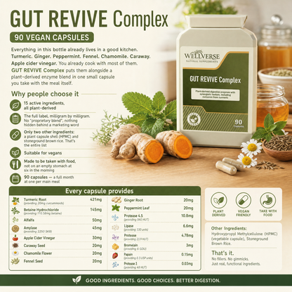 GUT REVIVE Complex | 90 Vegan Capsules | Plant-Derived Digestive Enzymes with Turmeric, Ginger, Fennel & Peppermint