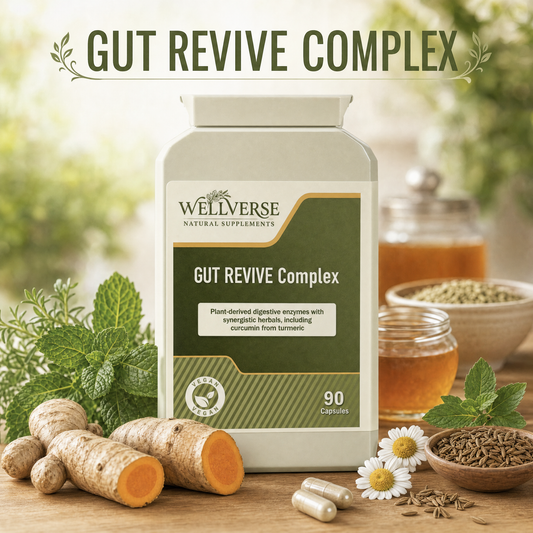 GUT REVIVE Complex | 90 Vegan Capsules | Plant-Derived Digestive Enzymes with Turmeric, Ginger, Fennel & Peppermint